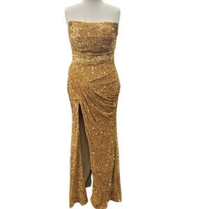 NWT Gold Strapless Sequin Evening Gown with Corset Back and Leg Slit
